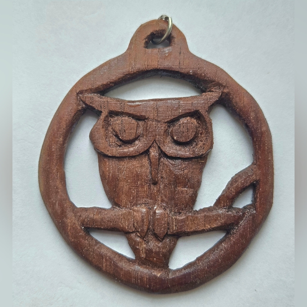 Vintage Handcarved Wood Owl Pendant